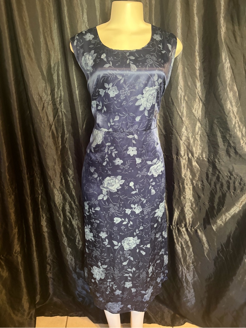 Vintage rayon & acetate Floral Sheath midi Dress in Navy